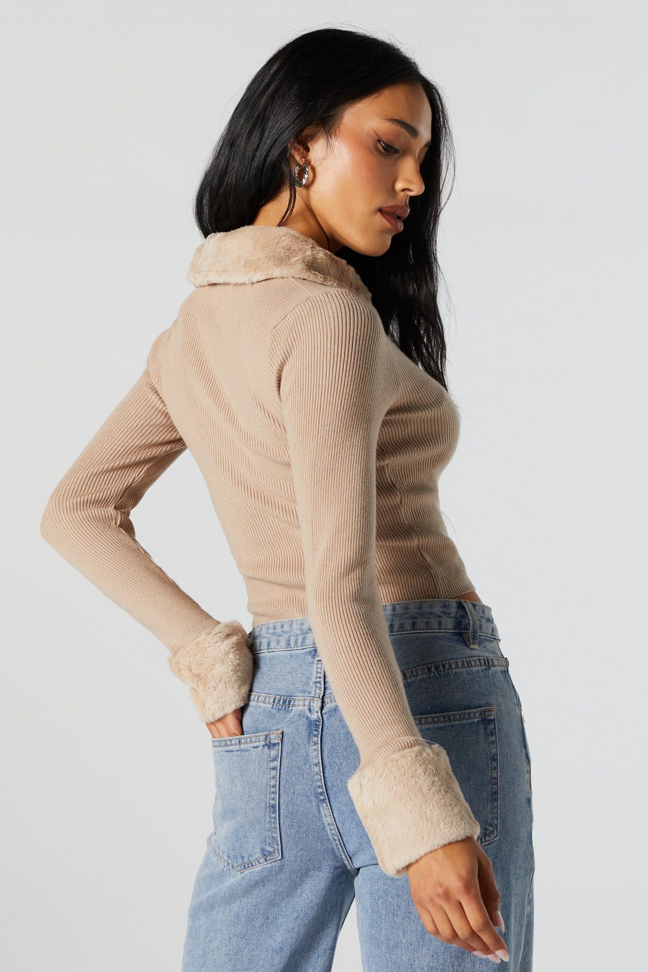 Faux Fur Collared Zip-Up Sweater sold by Urban Planet product image thumbnail 3