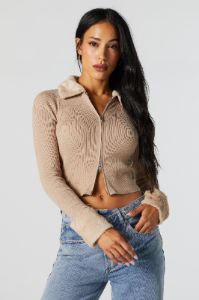 Faux Fur Collared Zip-Up Sweater sold by Urban Planet