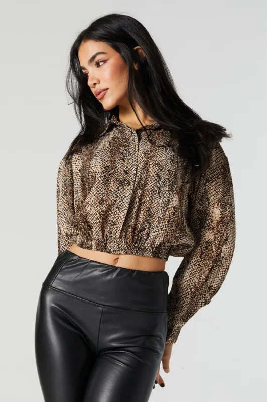 Snakeskin Button Down Cinched Long Sleeve Top sold by Urban Planet