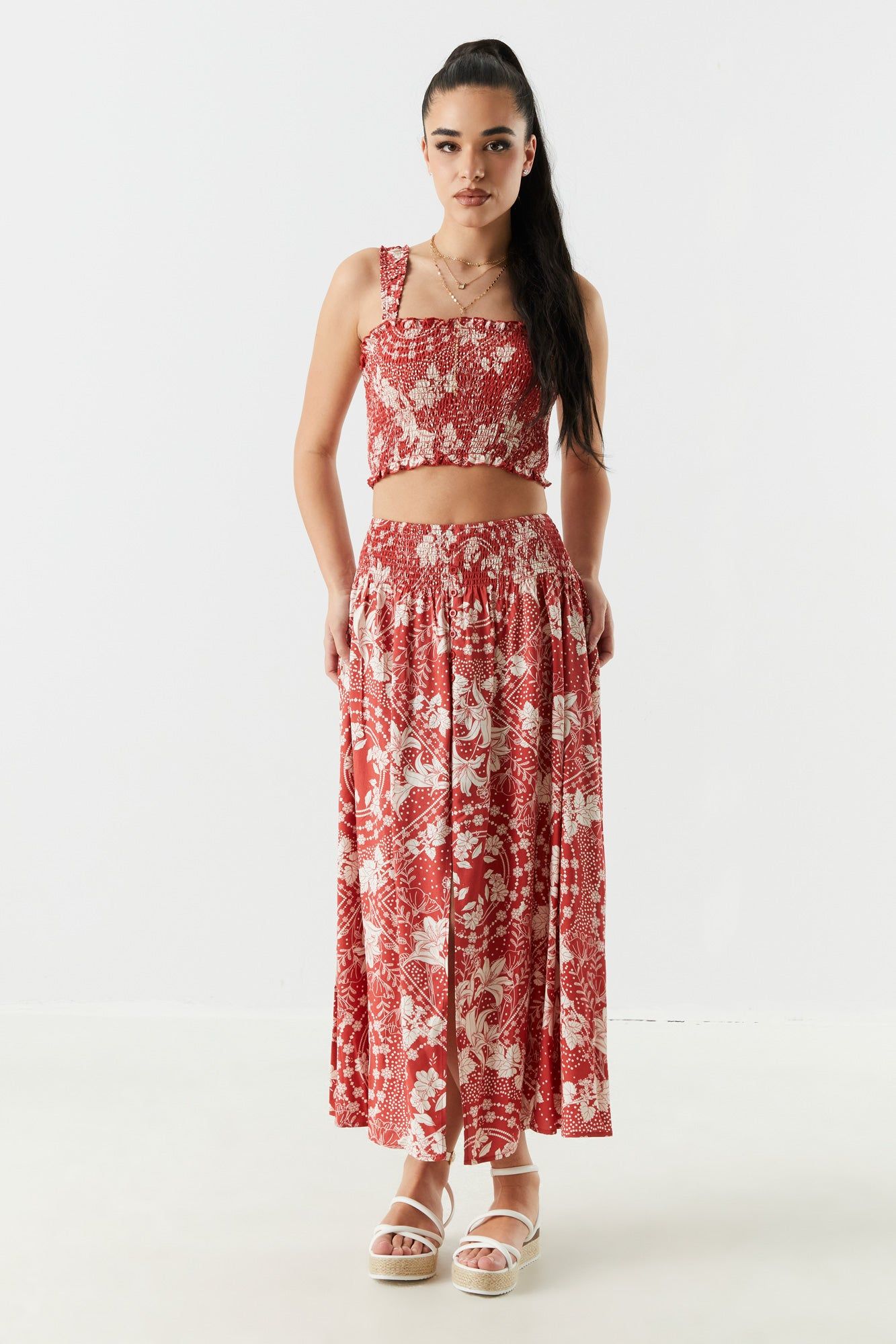 Red Paisley Print Smocked Cropped Tank sold by Urban Planet product image thumbnail 3