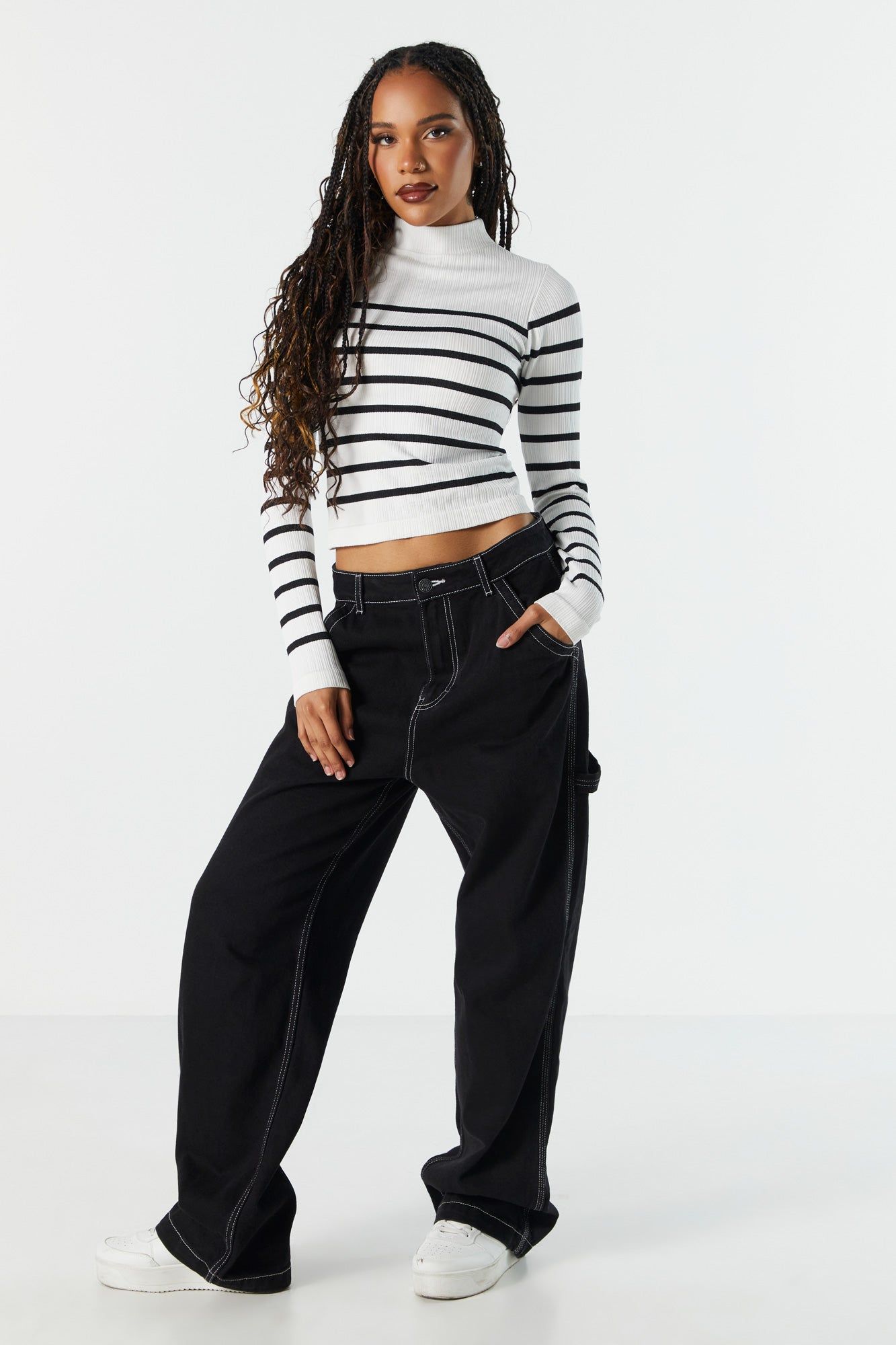 Striped Seamless Ribbed Mock Neck Long Sleeve Top sold by Urban Planet product image thumbnail 4