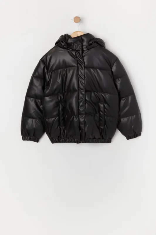 Girls Faux Leather Puffer Jacket sold by Urban Planet