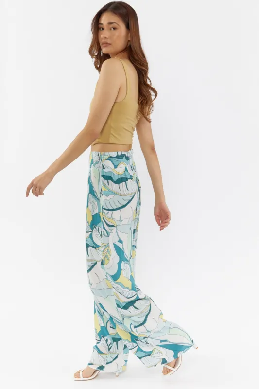 Pantalon à jambe large en lin imprimé bleu sold by Urban Planet