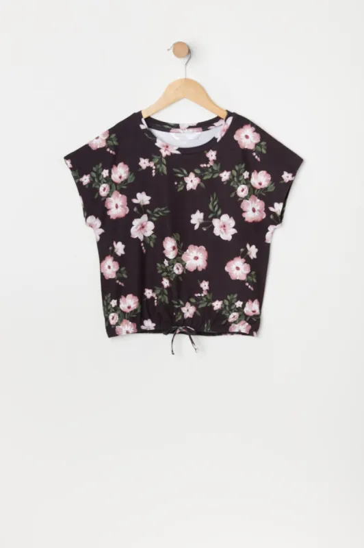 T-shirt noué fleuri noir pour fille made by Urban Planet