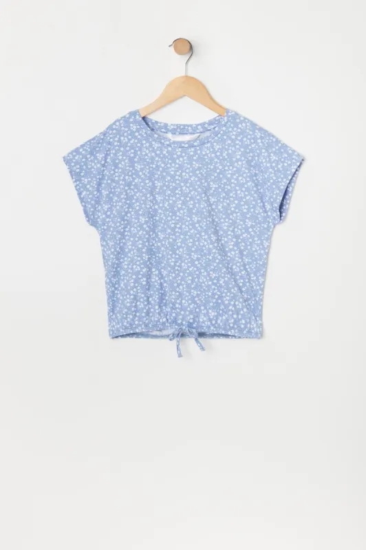 Girls Blue Floral Print Front Knot T-Shirt made by Urban Planet