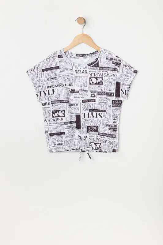 Girls Newspaper Print Front Knot T-Shirt sold by Urban Planet