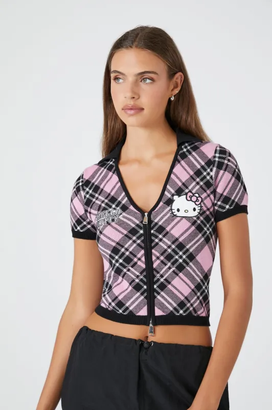 Hello Kitty Plaid Knit Zip-Up Top made by Urban Planet