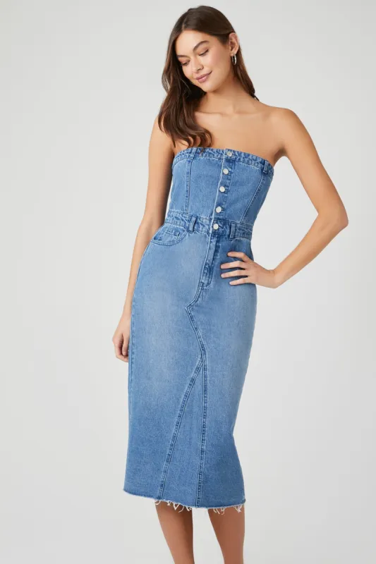 Buttoned Denim Tube Dress sold by Urban Planet