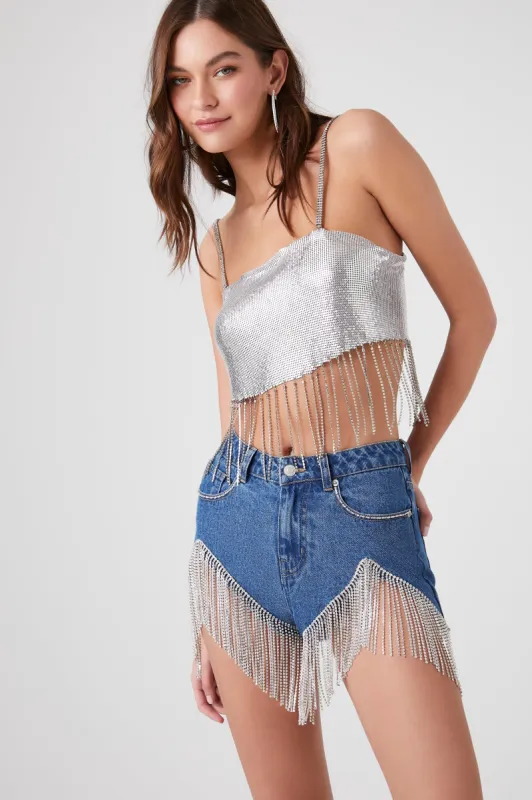 Short en denim avec franges et pierres du Rhin sold by Urban Planet