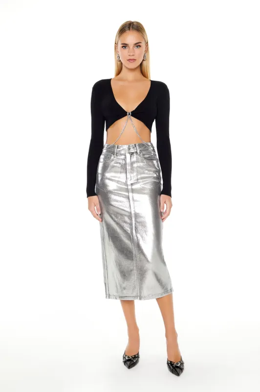 Metallic Denim Midi Skirt sold by Urban Planet