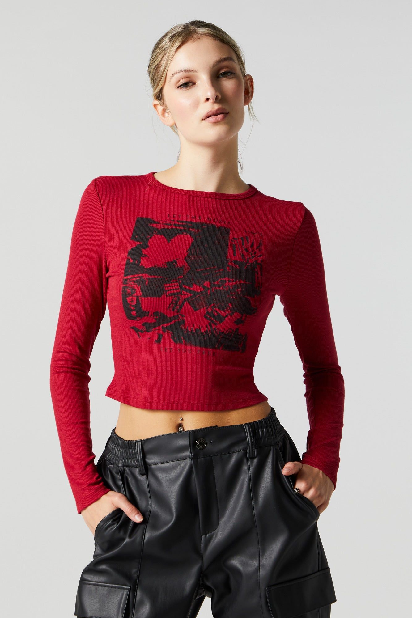 The Music Graphic Long Sleeve Crop Top sold by Urban Planet