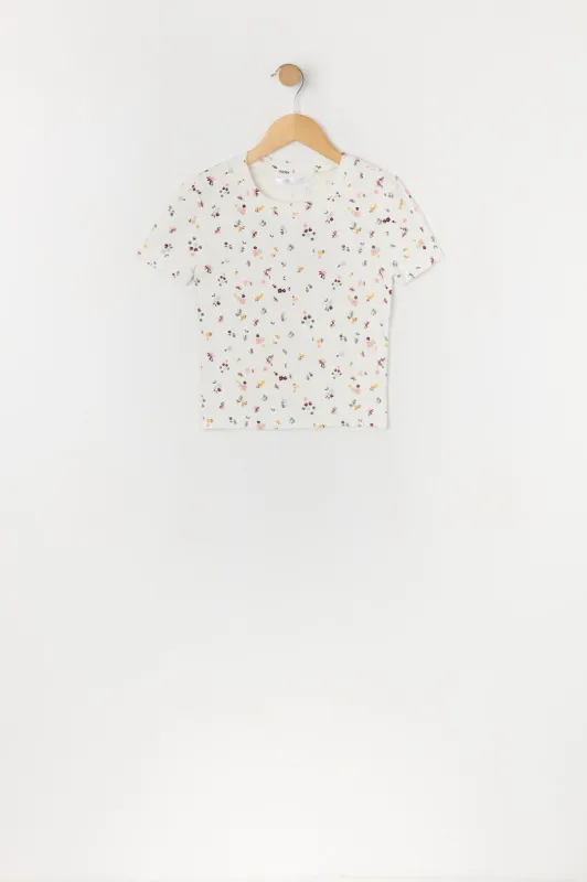 Girls Floral Print Ribbed Crewneck T-Shirt sold by Urban Planet