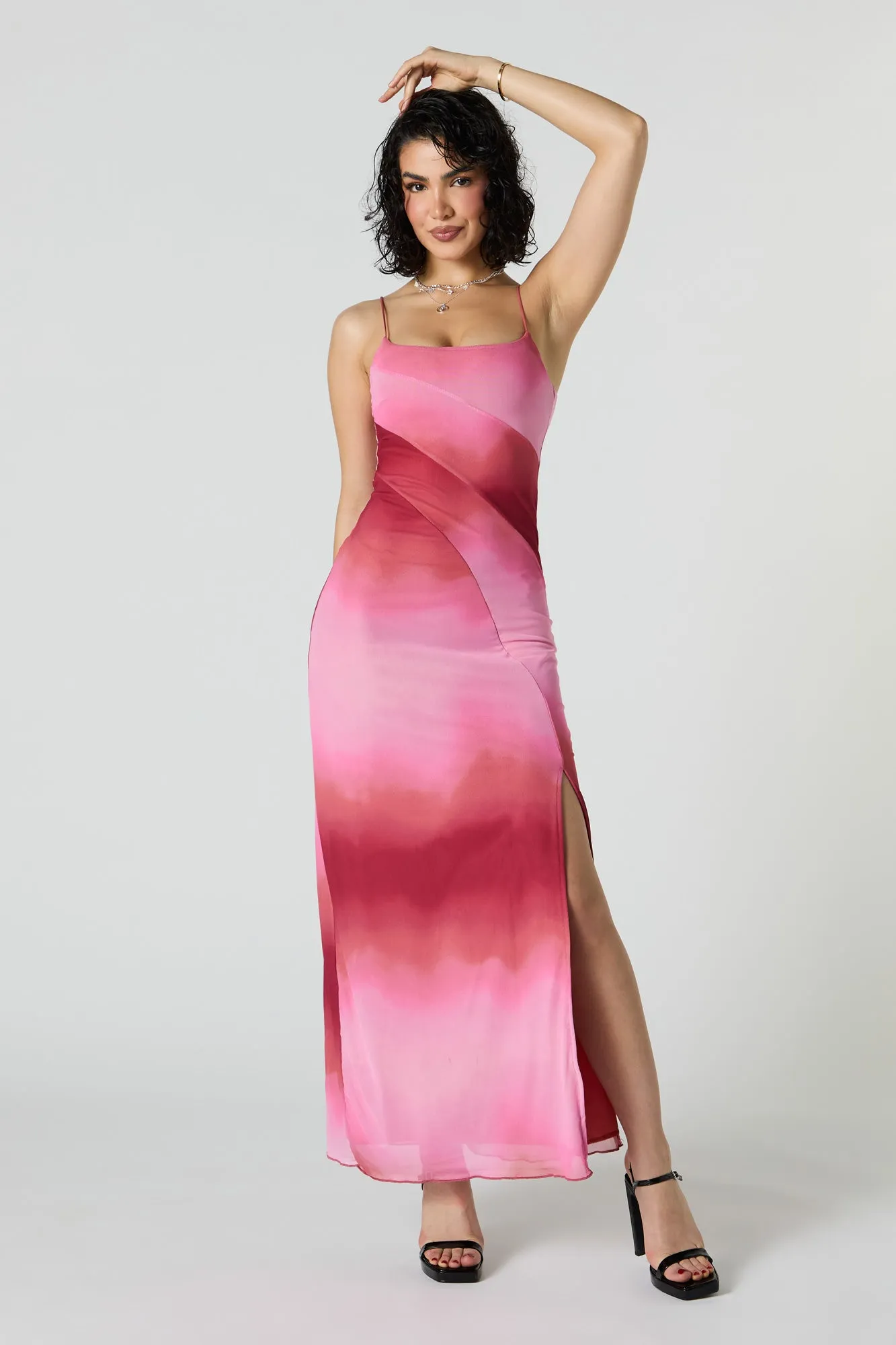 Gradient Mesh Overlay Slit Maxi Dress sold by Urban Planet