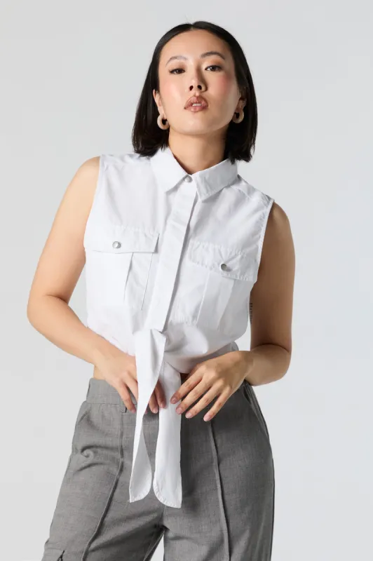 Tie Front Sleeveless Button-Up Crop Top sold by Urban Planet