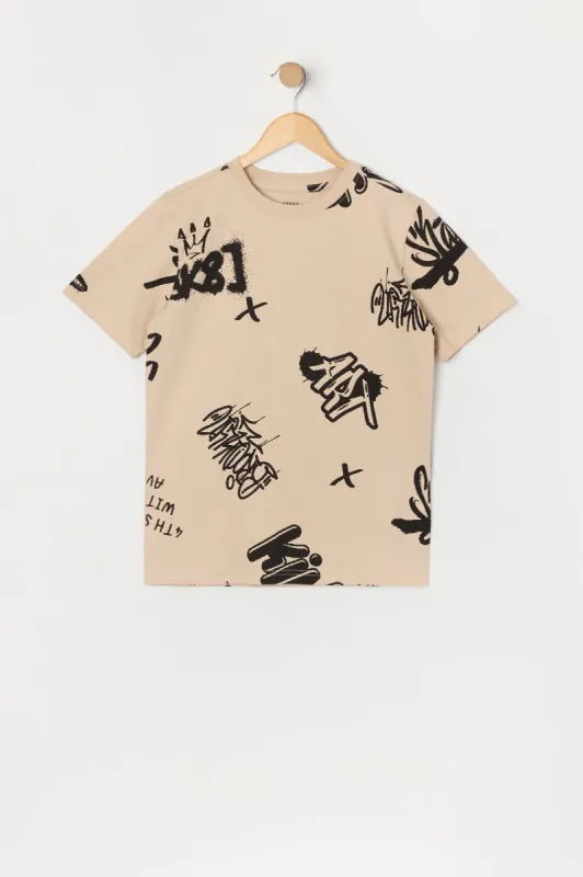 Boys Tan Graffiti Print T-Shirt sold by Urban Planet