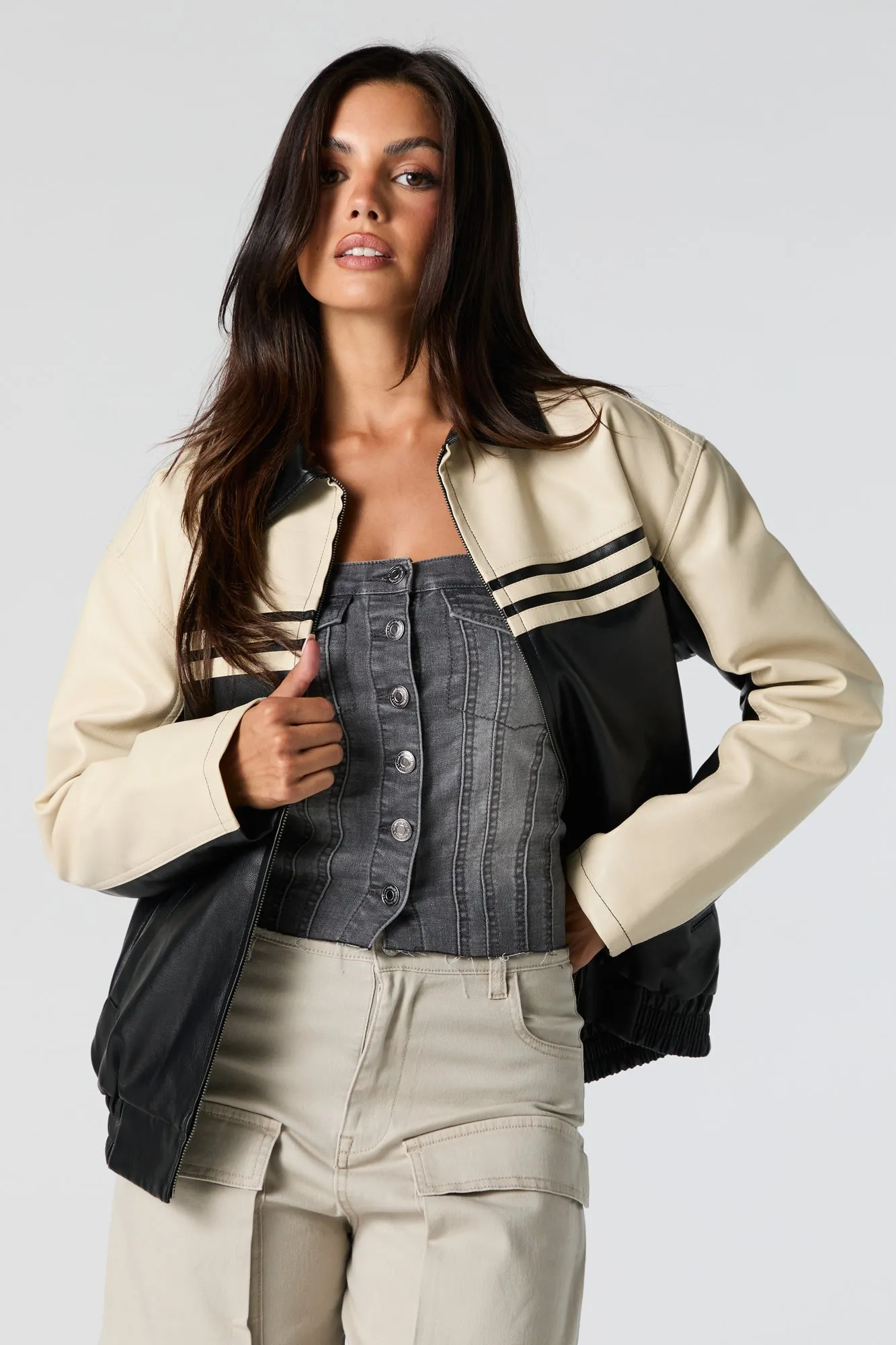 Oversized Colourblock Faux Leather Jacket sold by Urban Planet product image thumbnail 4
