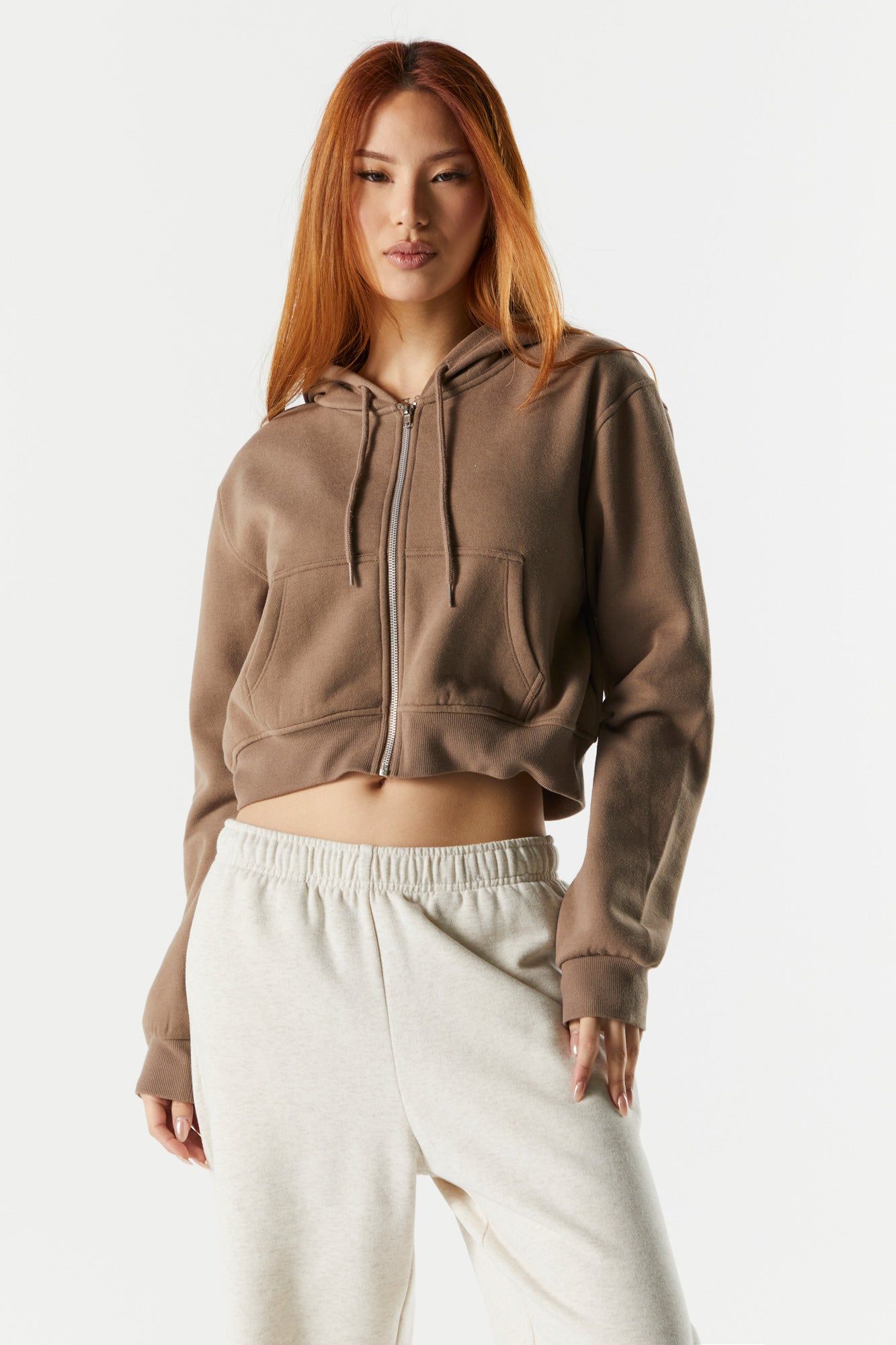 Solid Fleece Cropped Zip-Up Hoodie sold by Urban Planet product image thumbnail 4
