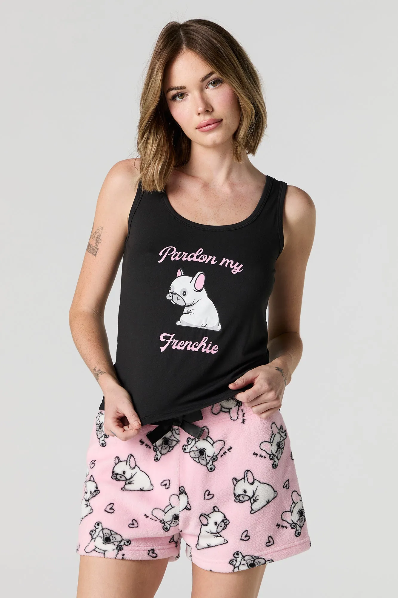 Ensemble-pyjama 2 pièces à camisole imprimée Frenchie et short pelucheux sold by Urban Planet