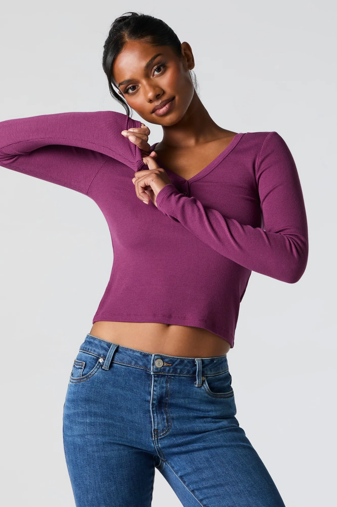Ribbed Henley Long Sleeve Top sold by Urban Planet