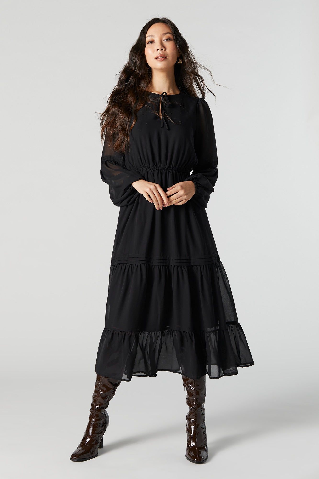 Mesh Long Sleeve Tiered Midi Dress sold by Urban Planet