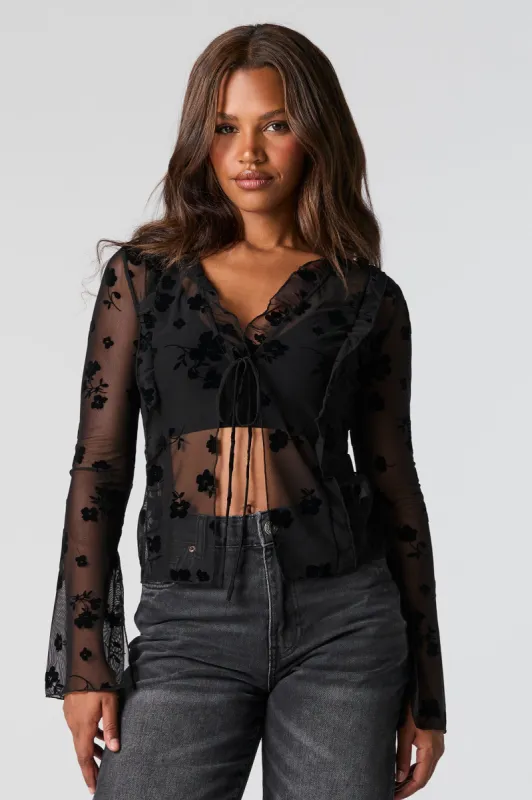 Floral Mesh Tie Front Long Sleeve Top sold by Urban Planet