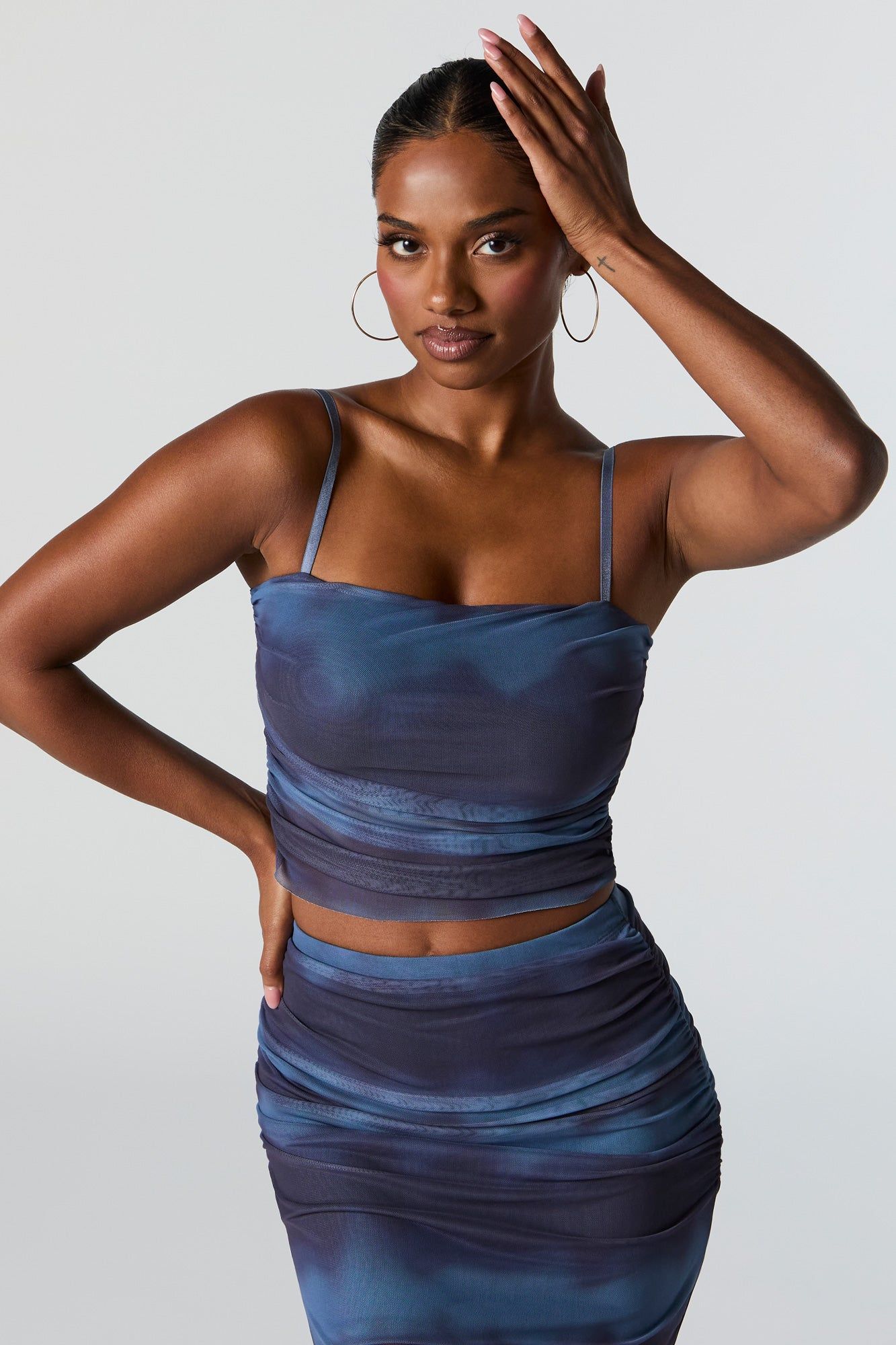 Printed Mesh Ruched Cropped Tank sold by Urban Planet