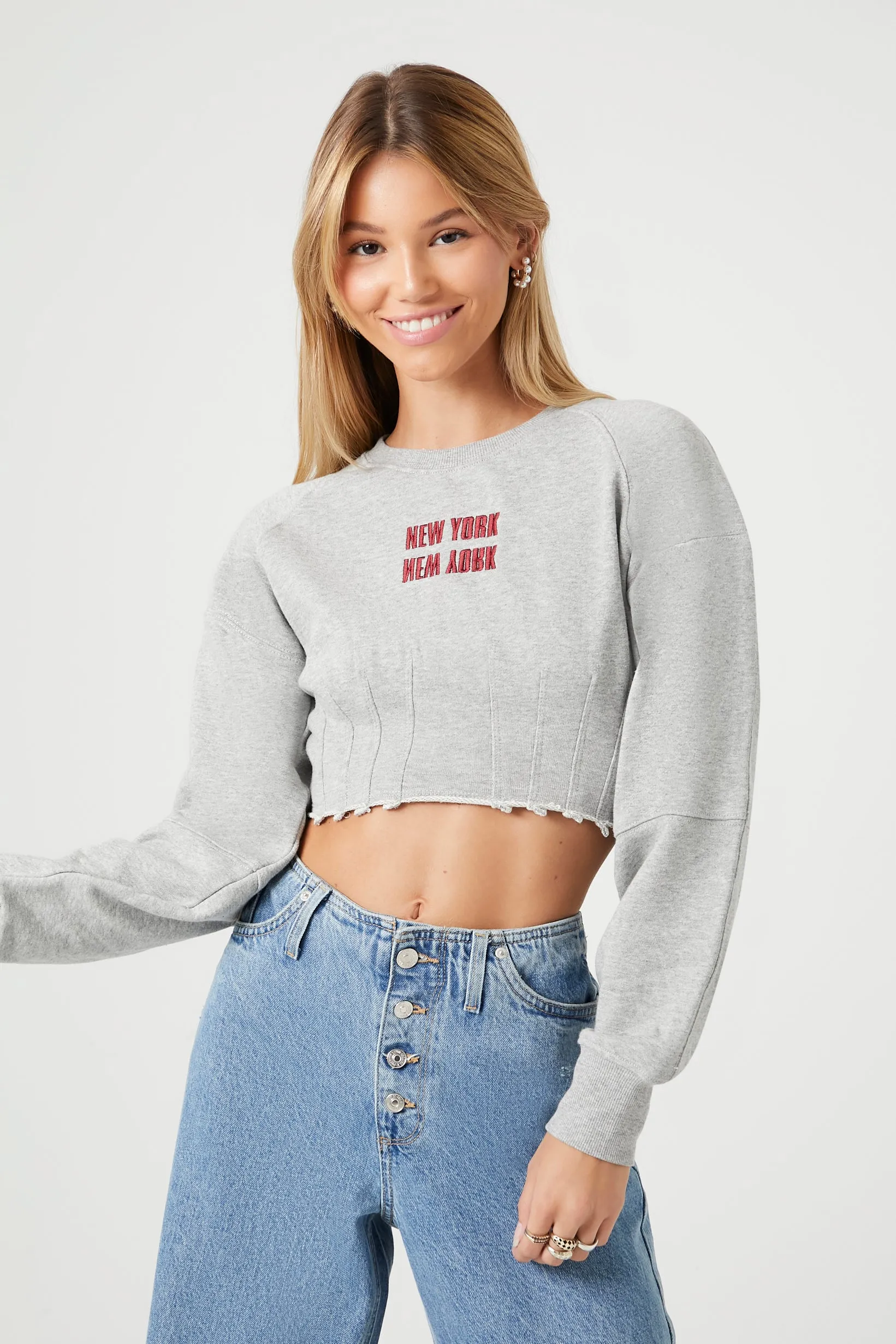 New York Embroidered Cropped Sweatshirt sold by Urban Planet