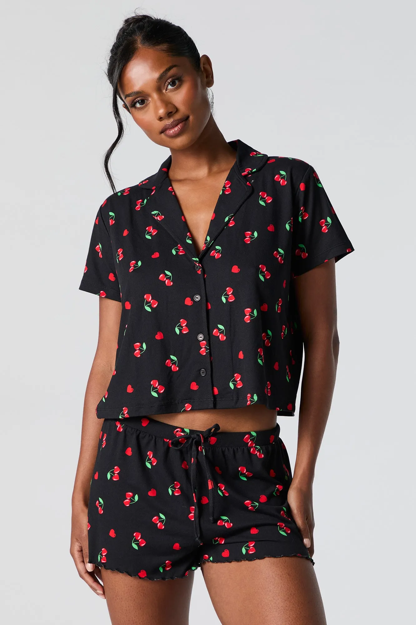 Printed Button-Up Top and Short 2 Piece Pajama Set sold by Urban Planet product image thumbnail 5