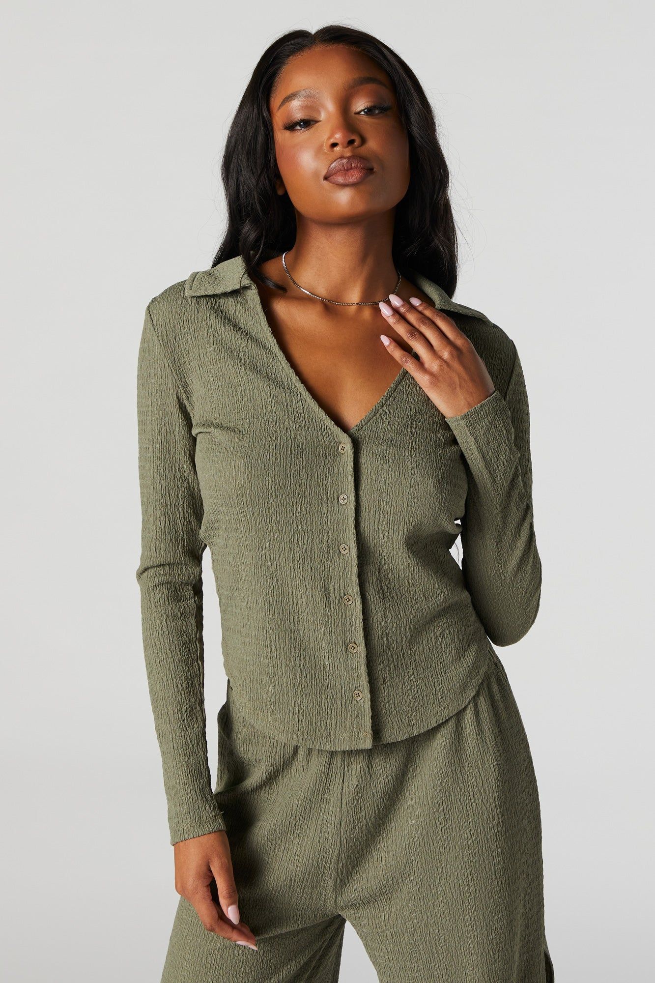 Textured Button-Up Long Sleeve Top sold by Urban Planet