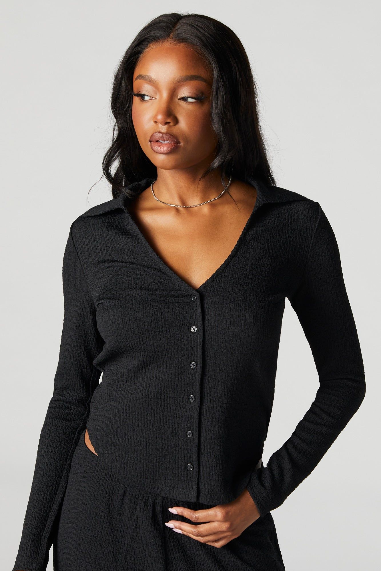 Textured Button-Up Long Sleeve Top sold by Urban Planet product image thumbnail 4