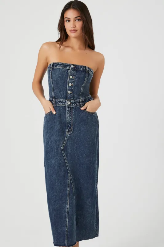 Denim Button-Up Strapless Maxi Dress sold by Urban Planet