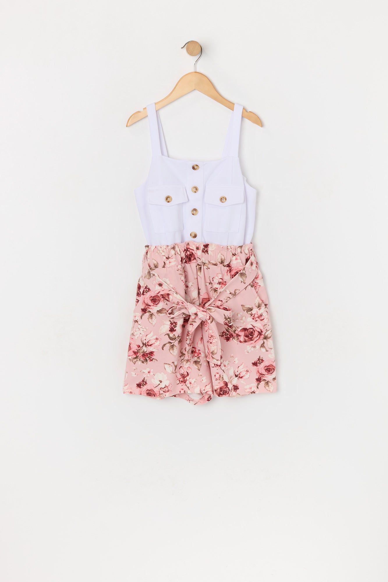 Girls Pink Floral Belted Romper sold by Urban Planet