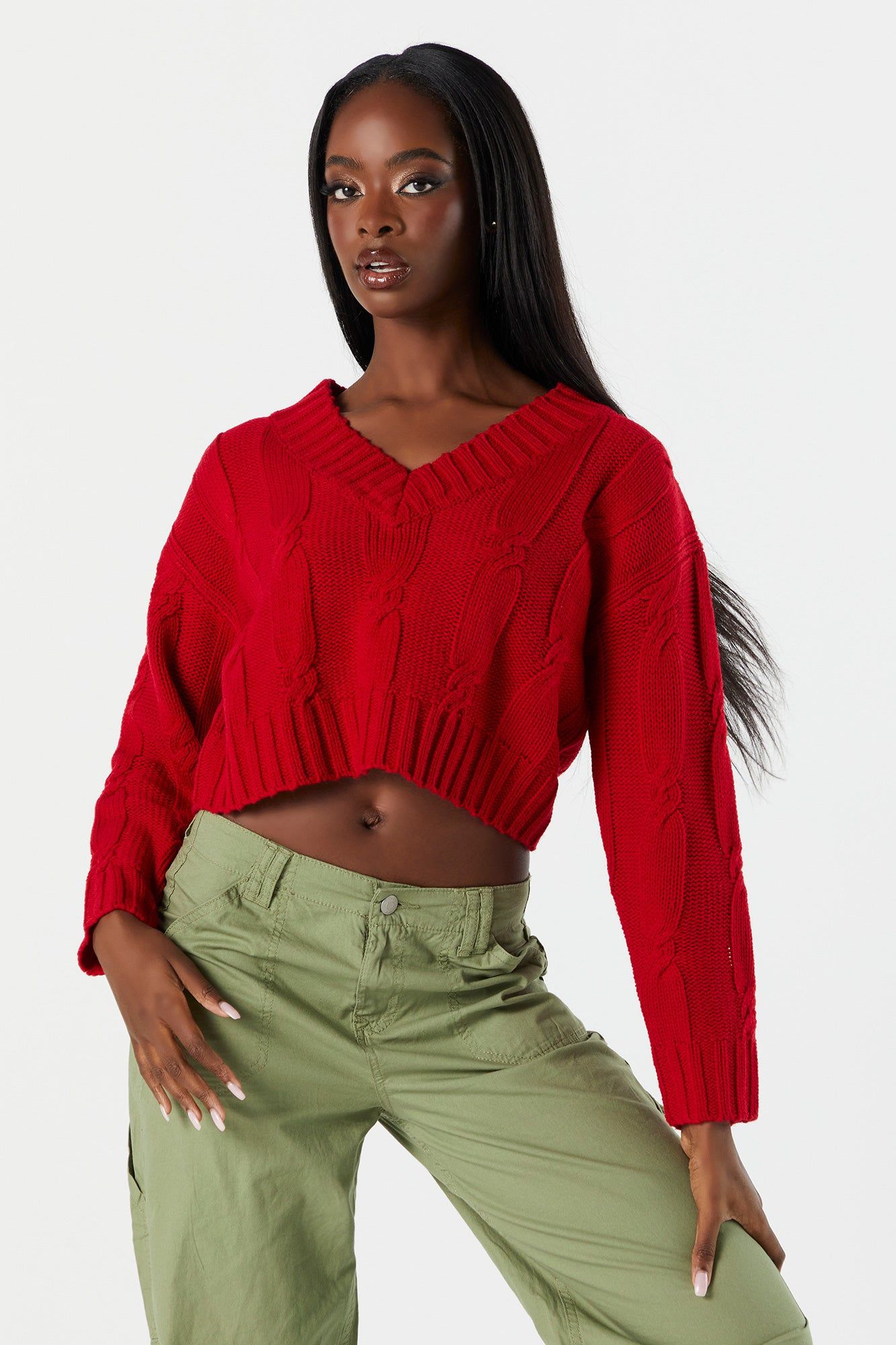 V-Neck Cable Knit Sweater sold by Urban Planet product image thumbnail 10
