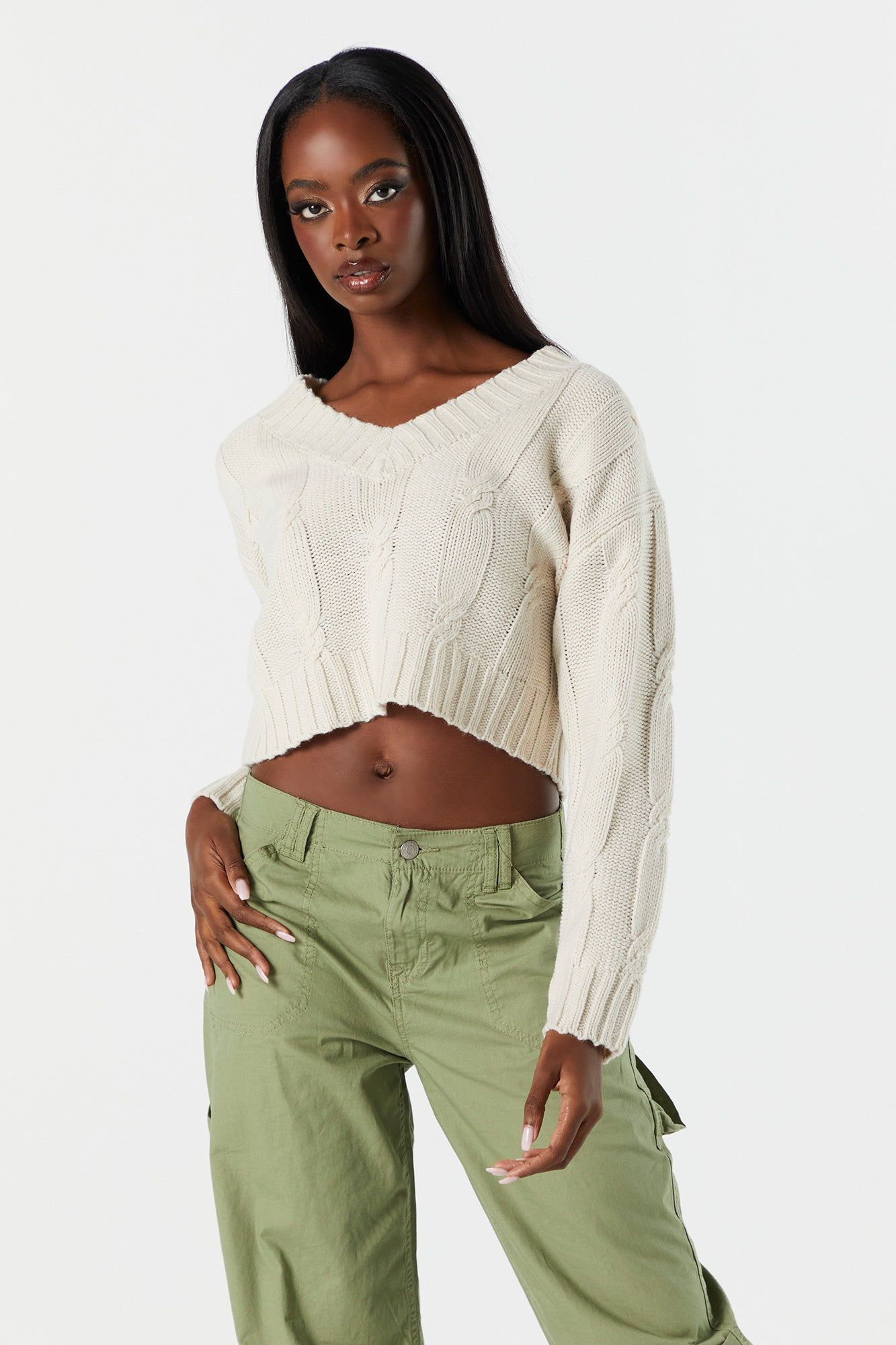V-Neck Cable Knit Sweater sold by Urban Planet product image thumbnail 4