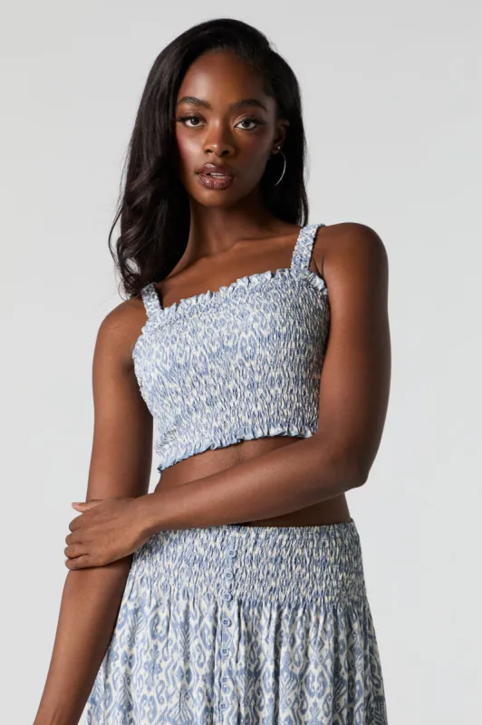 Blue and White Print Smocked Cropped Tank sold by Urban Planet