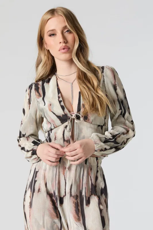 Textured Abstract Print Front Tie Long Sleeve Top sold by Urban Planet