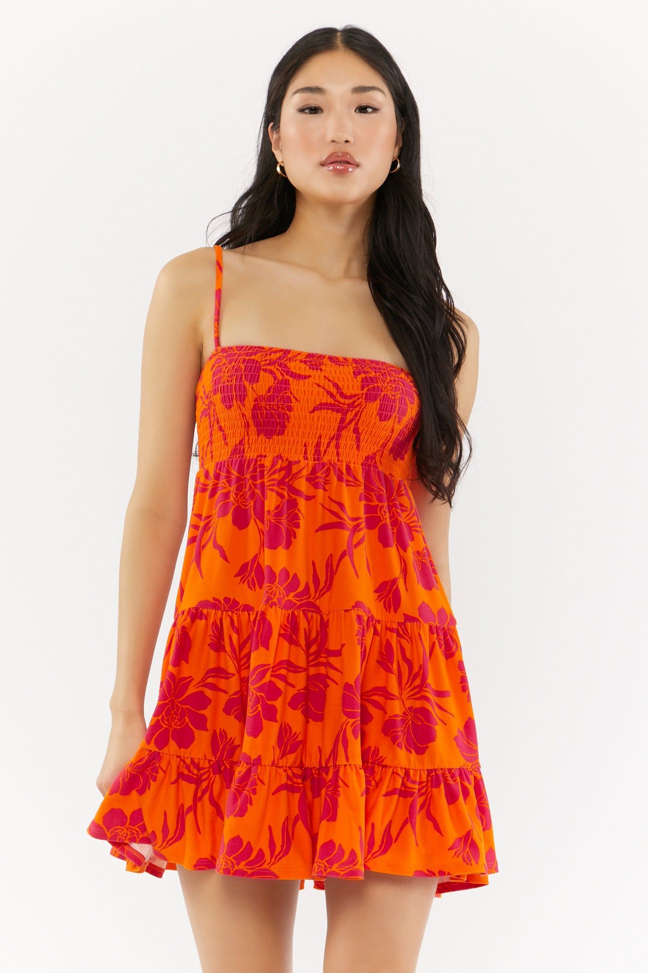 Orange Floral Print Tiered Mini Dress sold by Urban Planet