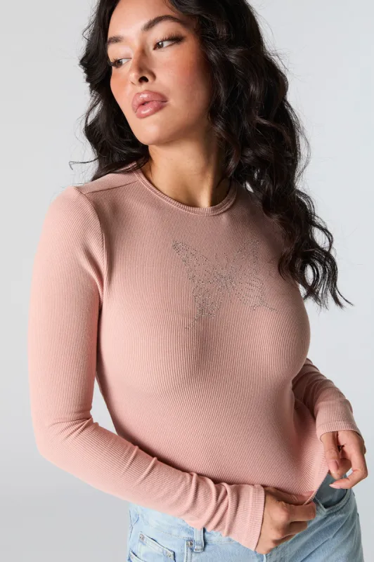 Rhinestone Graphic Ribbed Long Sleeve Top sold by Urban Planet