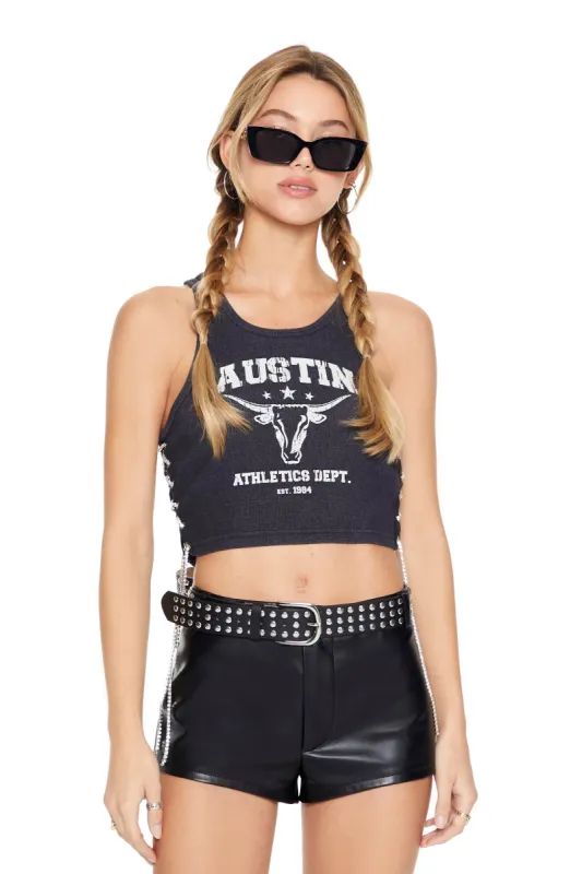 Austin Graphic Rhinestone Lace-Up Cropped Tank sold by Urban Planet