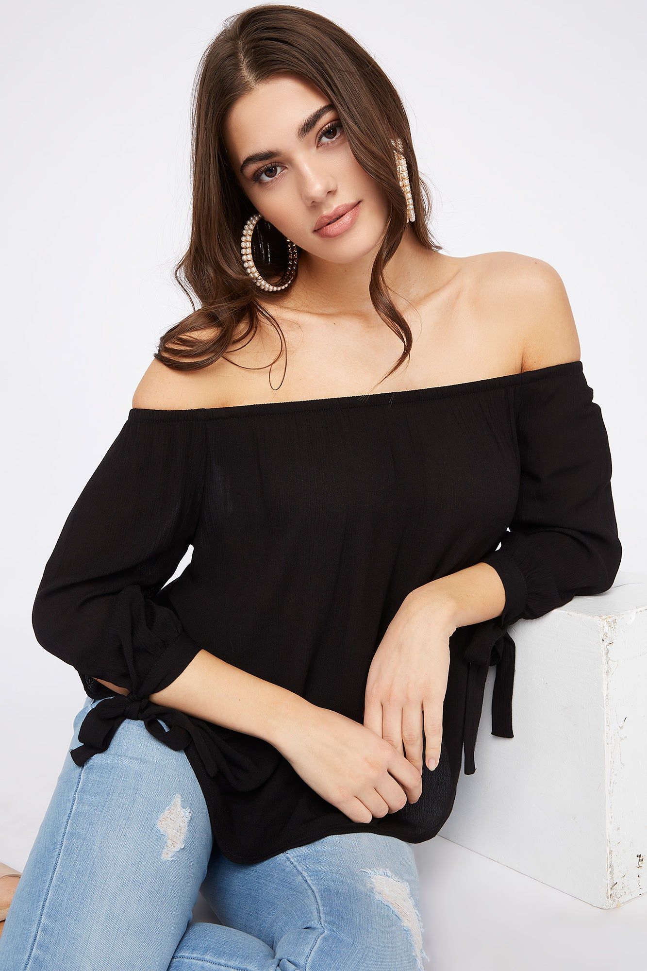Off the Shoulder Self-Tie Long Sleeve Blouse sold by Urban Planet product image thumbnail 2