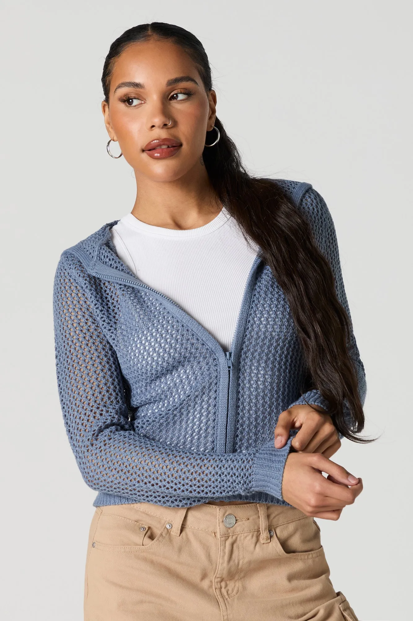 Haut à capuchon en tricot ajouré avec fermeture à glissière sold by Urban Planet