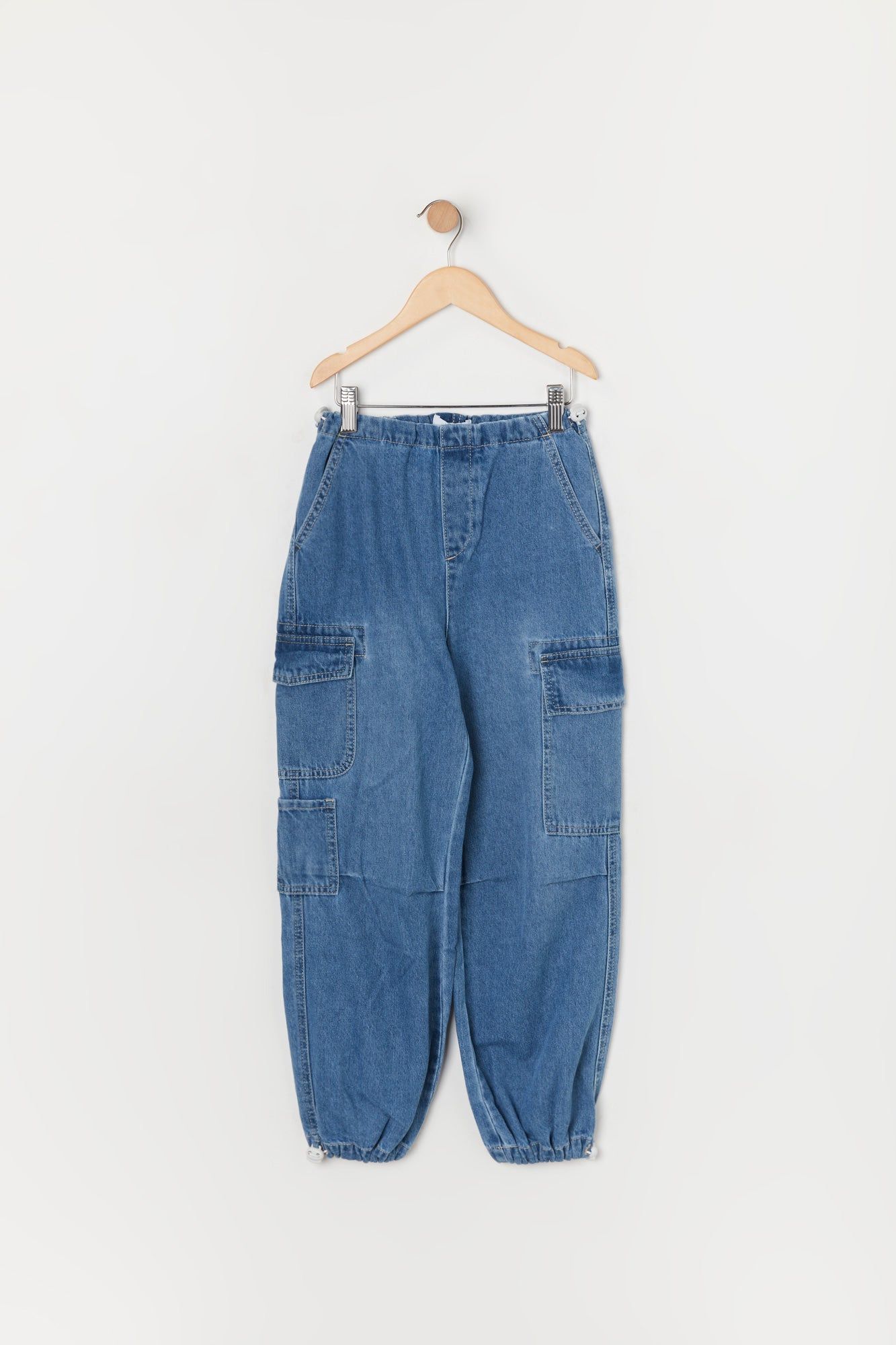 Girls Light Wash Denim Cargo Jogger sold by Urban Planet