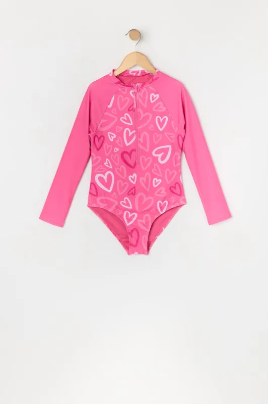 Girls Heart Print One Piece Rashguard Swimsuit made by Urban Planet