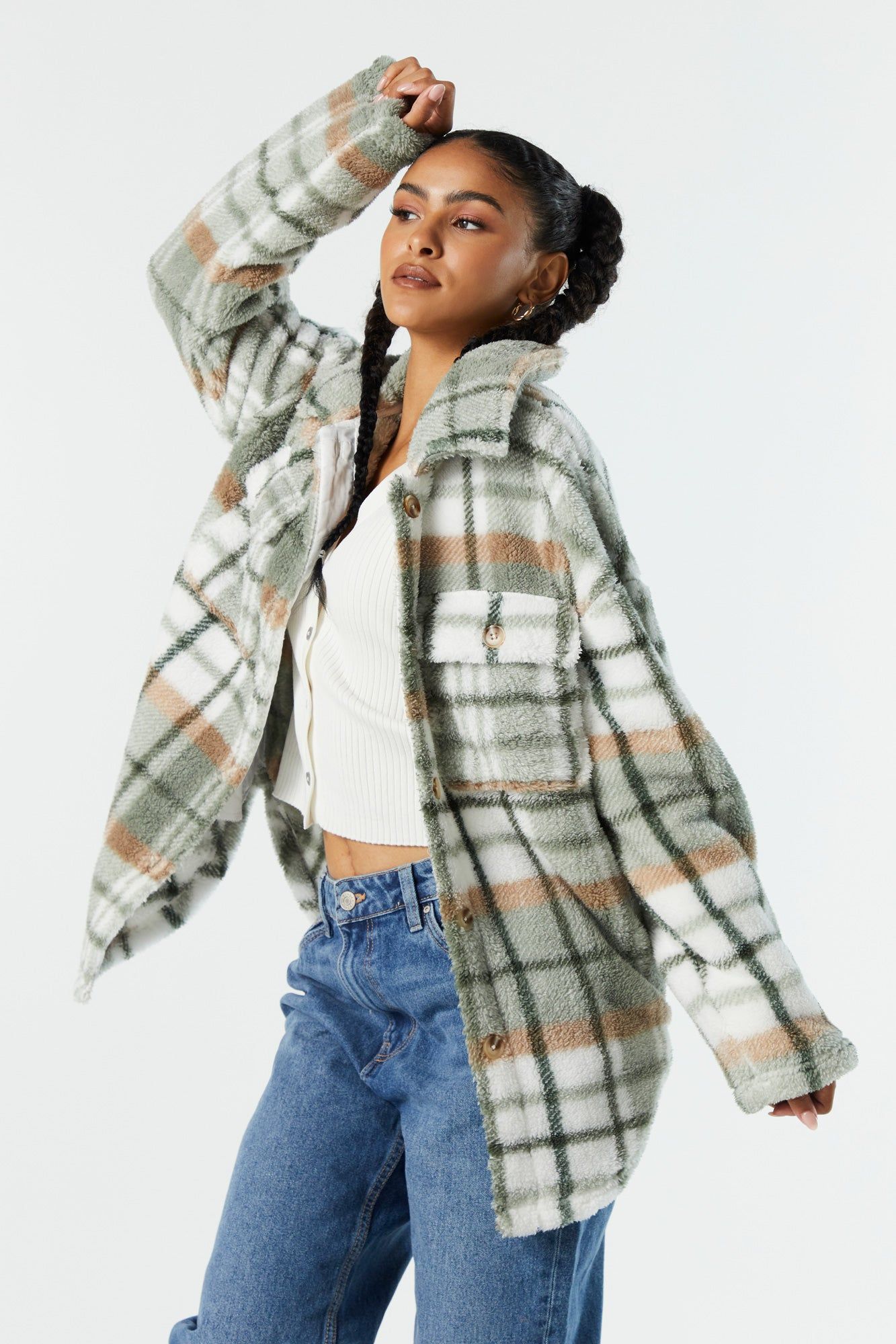 Plush Plaid Shacket sold by Urban Planet