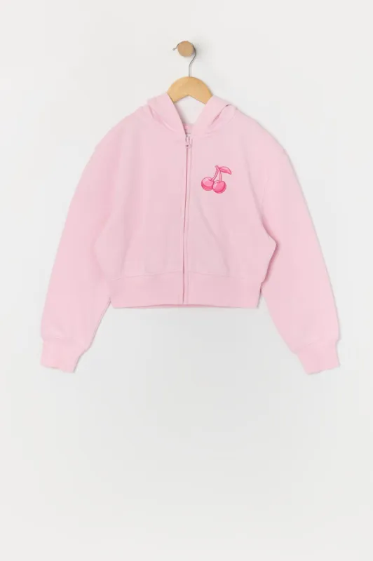 Haut à capuchon en molleton à glissière et broderie de cerise pour filles sold by Urban Planet