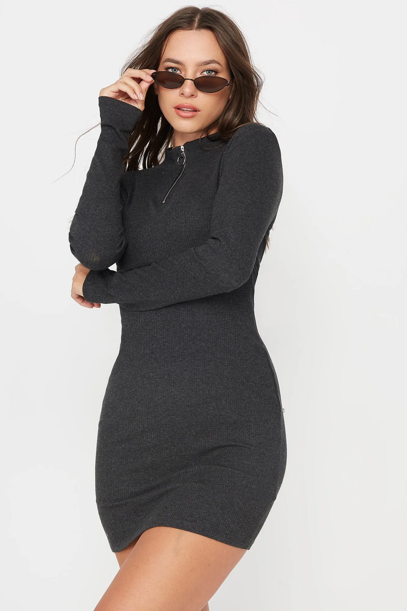 Ribbed Mock Neck Front Zip Mini Dress sold by Urban Planet product image thumbnail 3