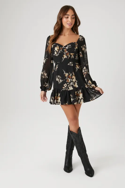 Chiffon Floral Sweetheart Long Sleeve Mini Dress sold by Urban Planet