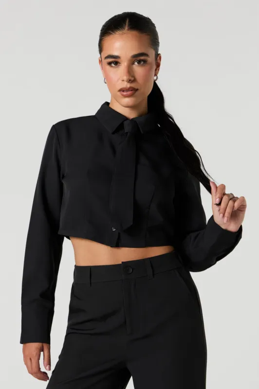 Cropped Button-Up Long Sleeve Top with Tie sold by Urban Planet