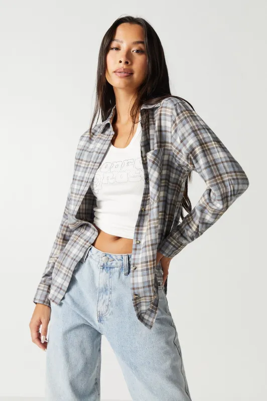 Plaid Button-Up Flannel Top sold by Urban Planet