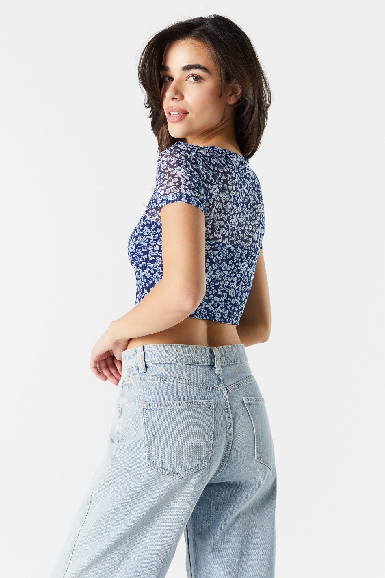 Blue Floral Mesh Sleeve Corset Top sold by Urban Planet product image thumbnail 2